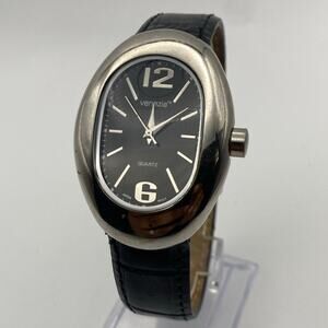 Elegant Venezia Oval Silver-Tone Ladies Watch, Black Band Working New Battery